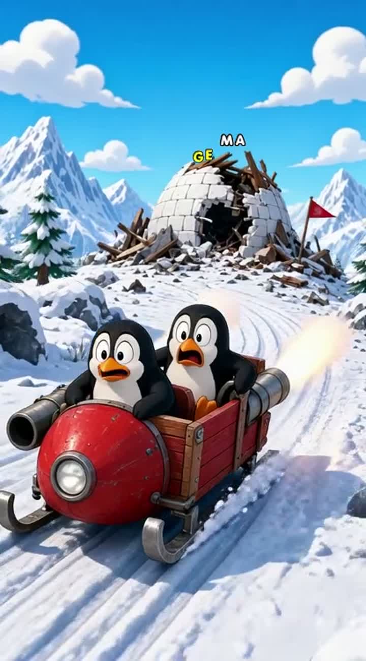 Two penguins racing a homemade rocket sled — AI cartoon