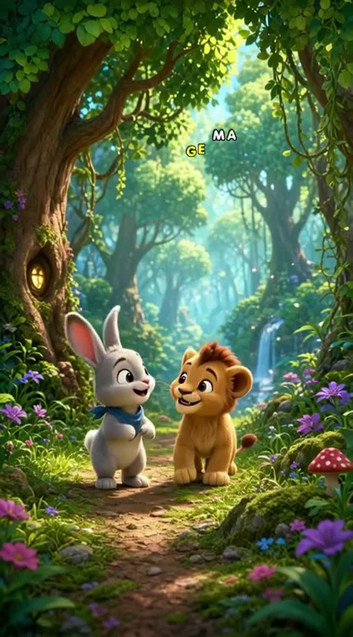 A cute little rabbit and his best friend, a baby lion… — AI cartoon