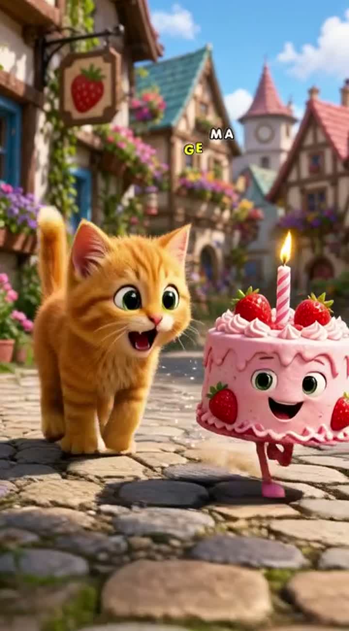 A cute fluffy orange kitten with big green eyes chases a magical… — AI cartoon
