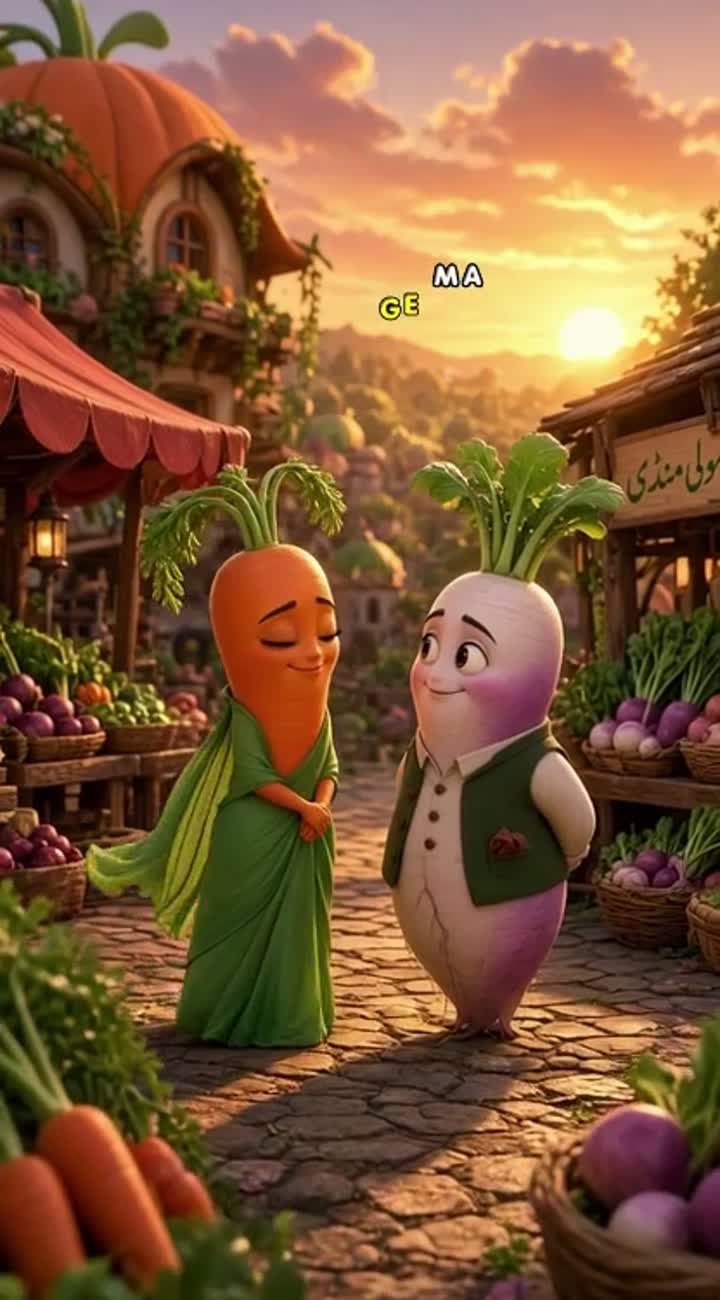 Cinematic 3D cartoon, beautiful vegetable village at sunset — AI cartoon