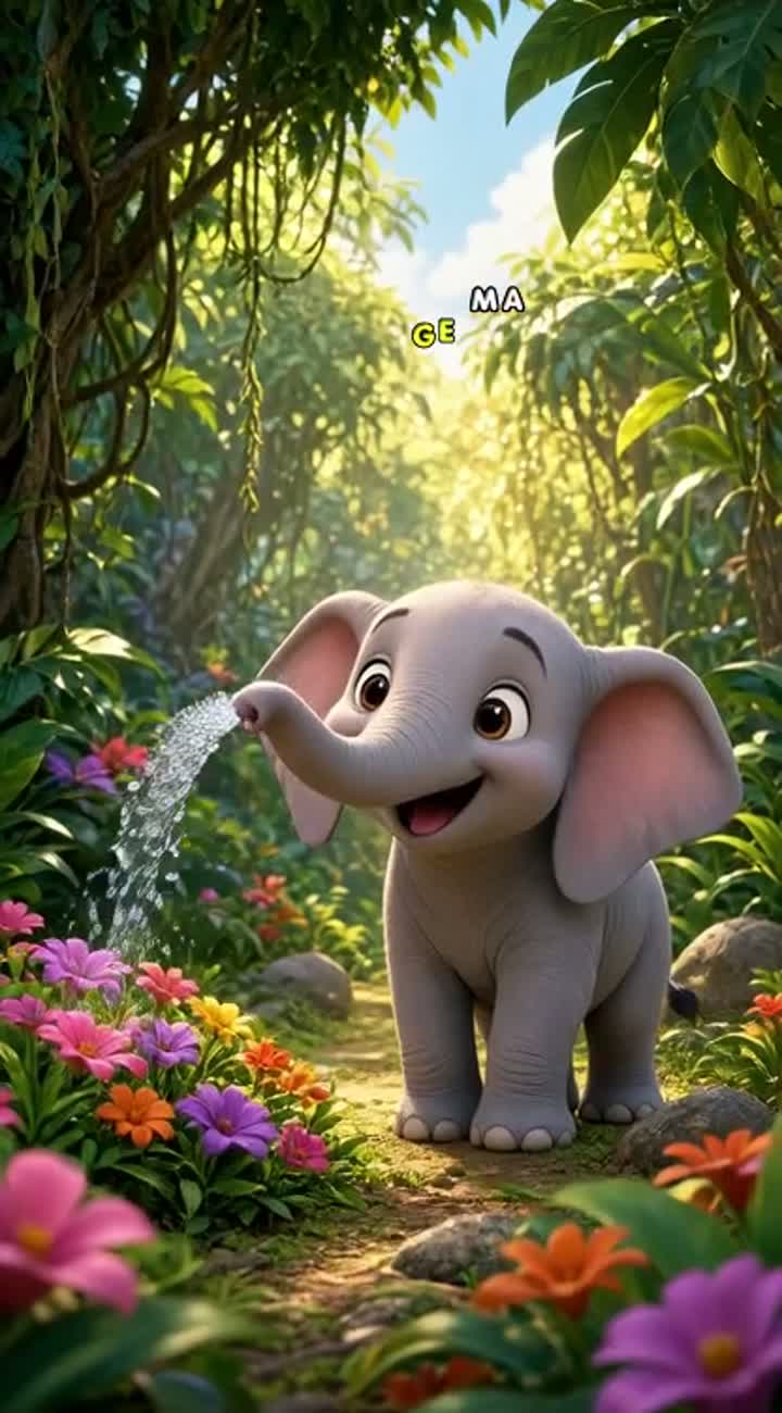 The story is about a small, curious baby elephant with big… — AI cartoon