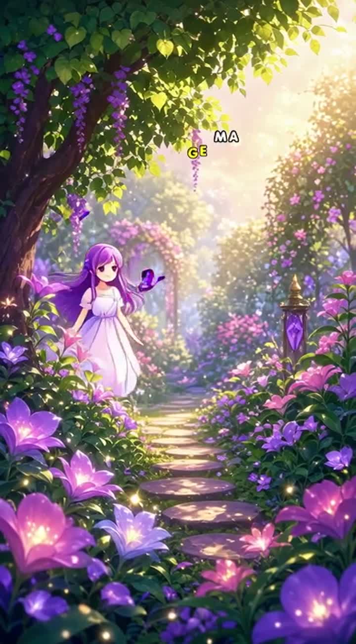 A cute anime girl with long purple hair walking through a magical… — AI cartoon