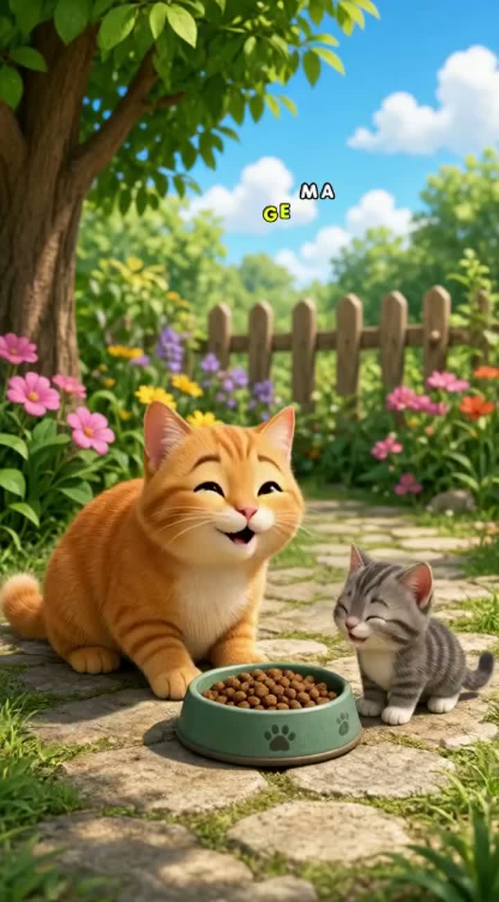 A cute orange cat shares her food with a hungry little kitten… — AI cartoon