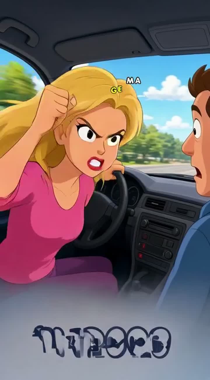 A woman with big yellow hair and she is sitting in a car… — AI cartoon
