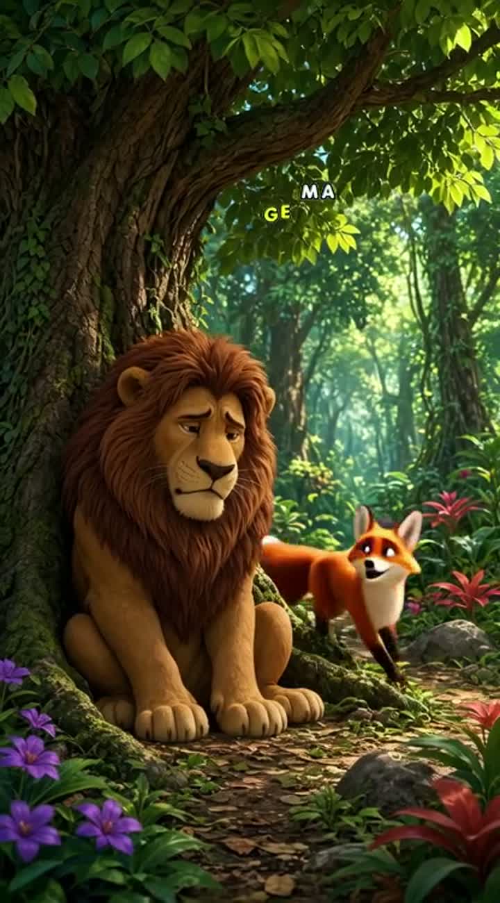 Vivid colours and smooth, fluid movements, set in a dense forest — AI cartoon