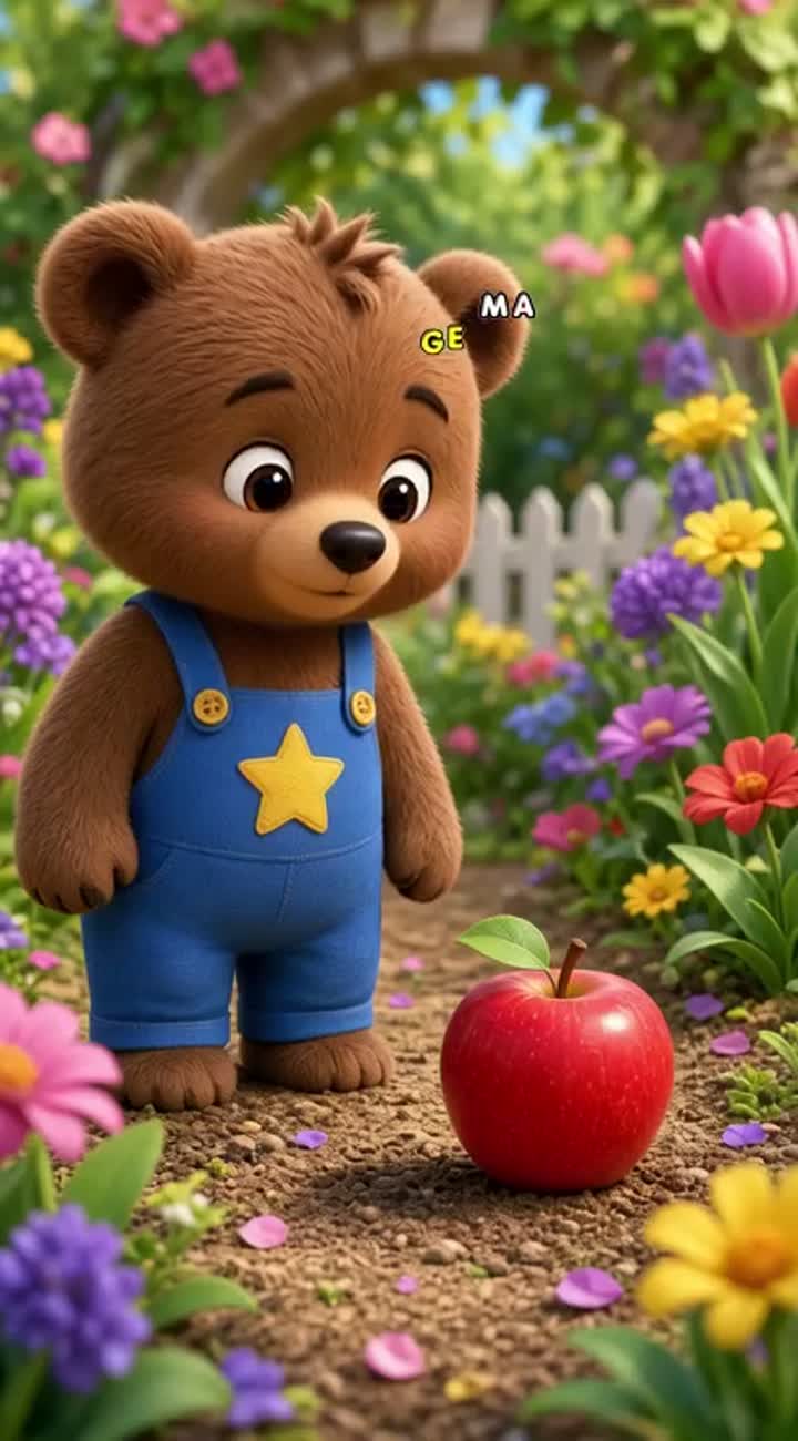 Bobo is a cute, fluffy brown baby bear wearing blue overalls… — AI cartoon