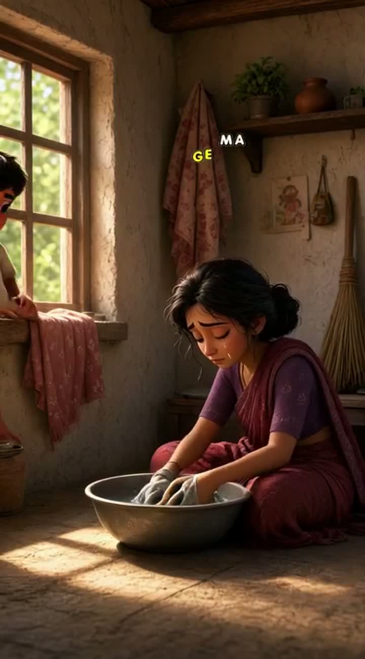 A poor young boy sees his tired mother working hard at home — AI cartoon