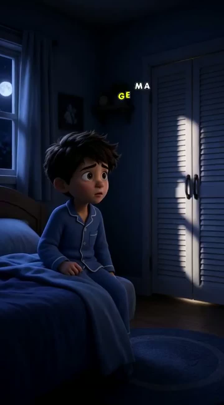 At midnight, a young boy in pajamas hears a strange noise coming… — AI cartoon