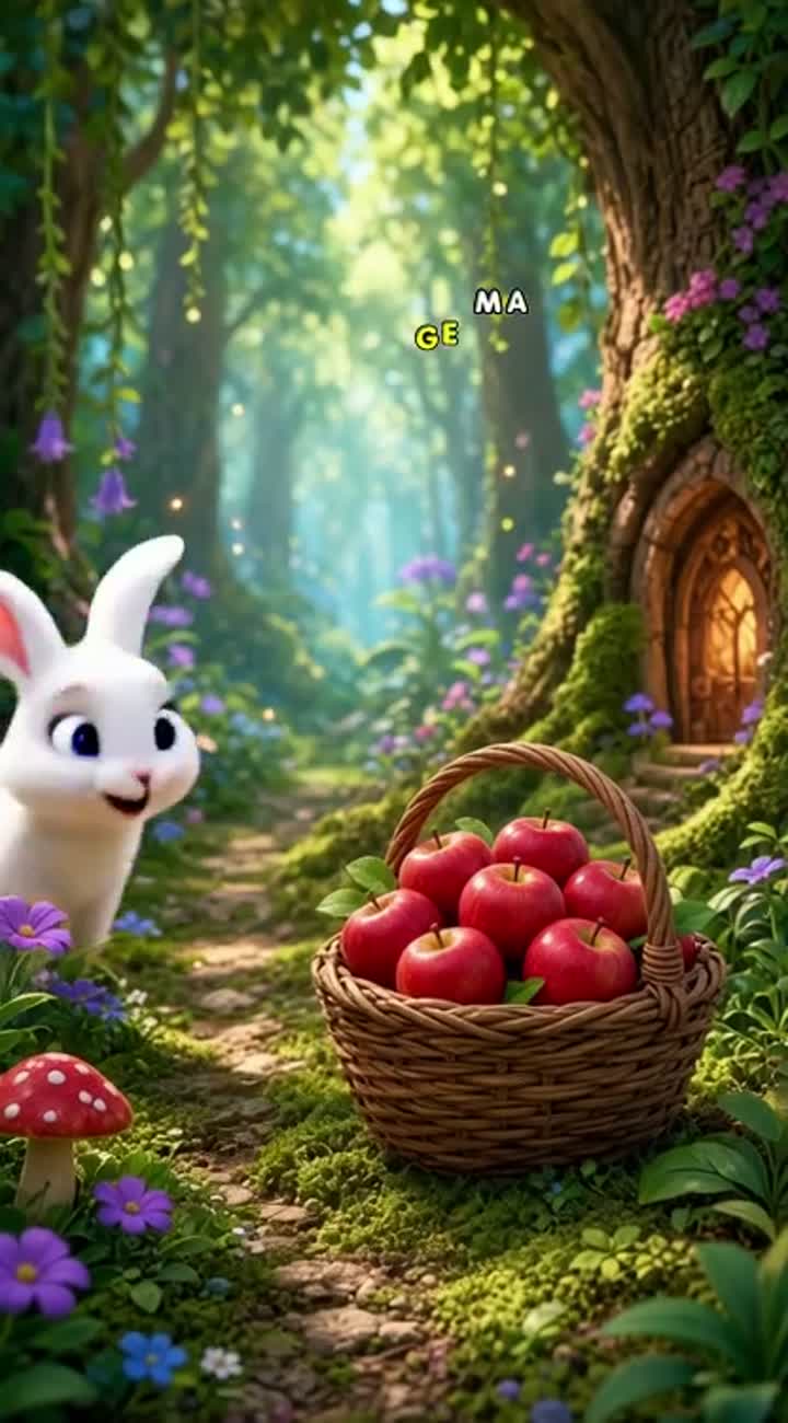 A cute white rabbit with pink ears finds a basket of red apples… — AI cartoon
