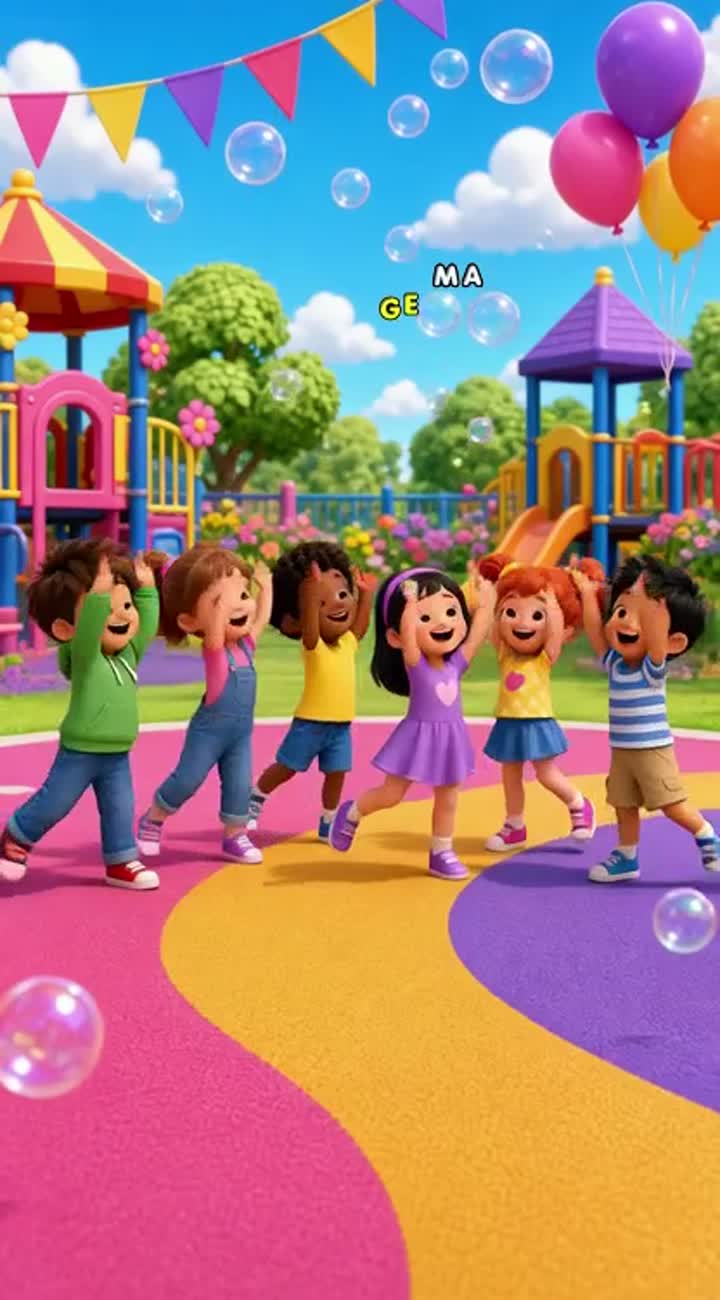 Colourful 3D animated children's music video called "Happy Friends… — AI cartoon