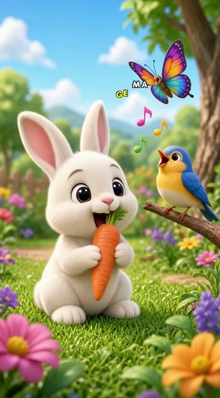 A cute little bunny eating a carrot, a colorful butterfly flying… — AI cartoon