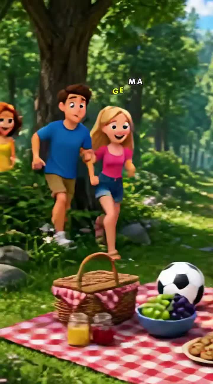 Four teenage friends having a picnic in a forest play… — AI cartoon