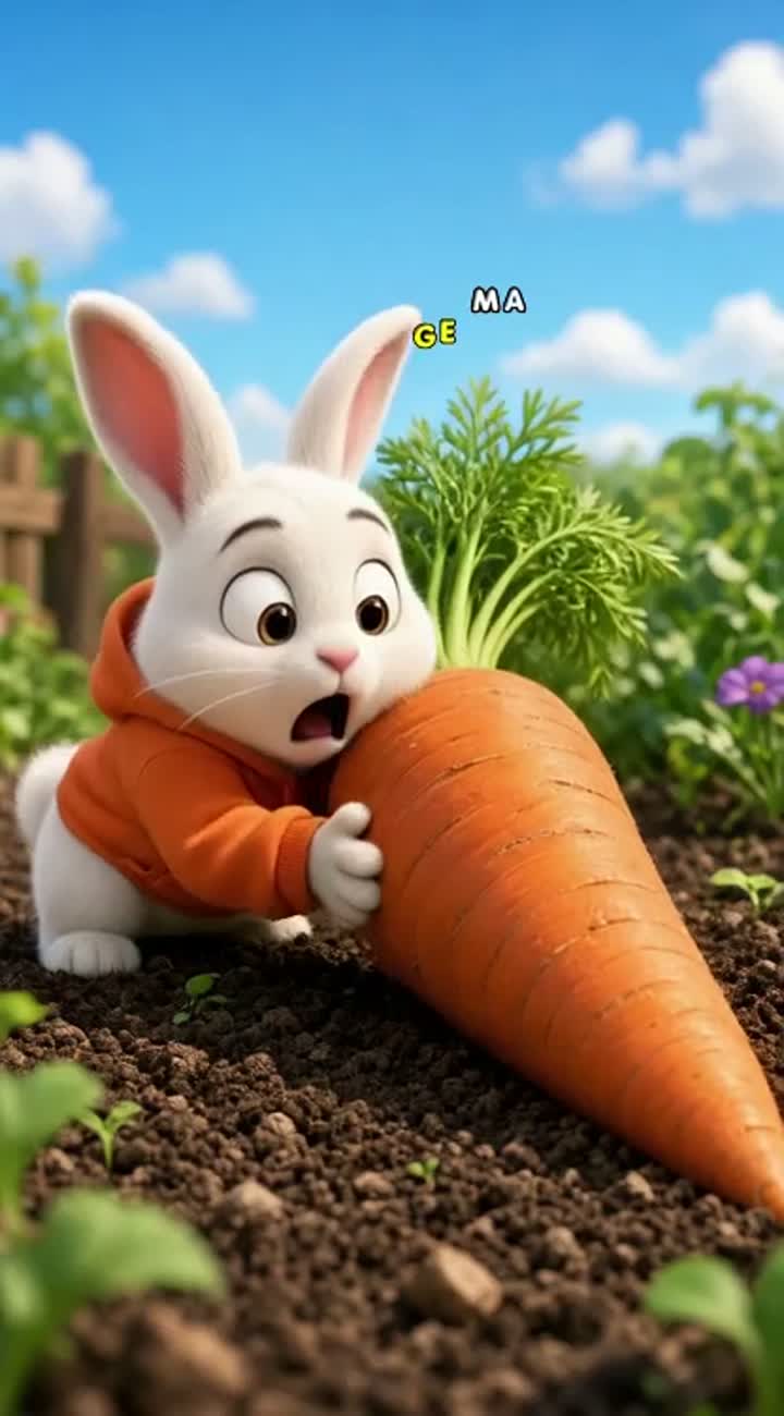 A funny white bunny in an orange hoodie tries to steal a giant… — AI cartoon