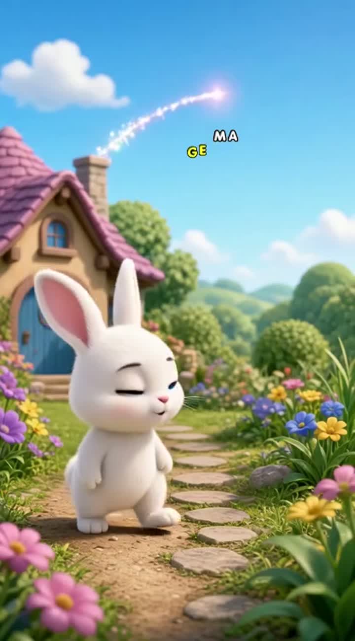 Cute 3D cartoon bunny named Lulu with soft white fur and big blue eyes — AI cartoon