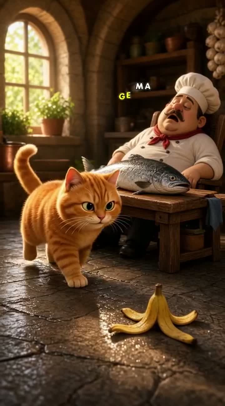 A cute, chubby orange cat tries to steal a giant fish… — AI cartoon