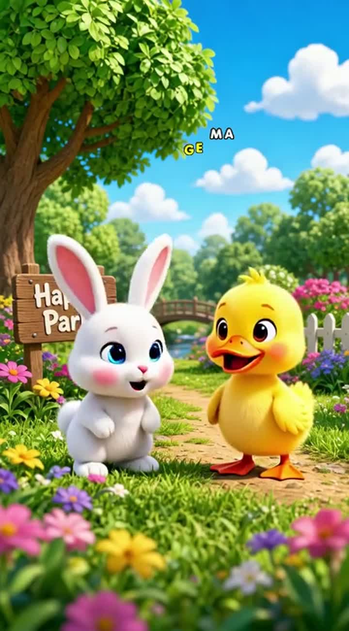 Un conejito y un patito de dibujos animados bailan alegremente en… — AI cartoon