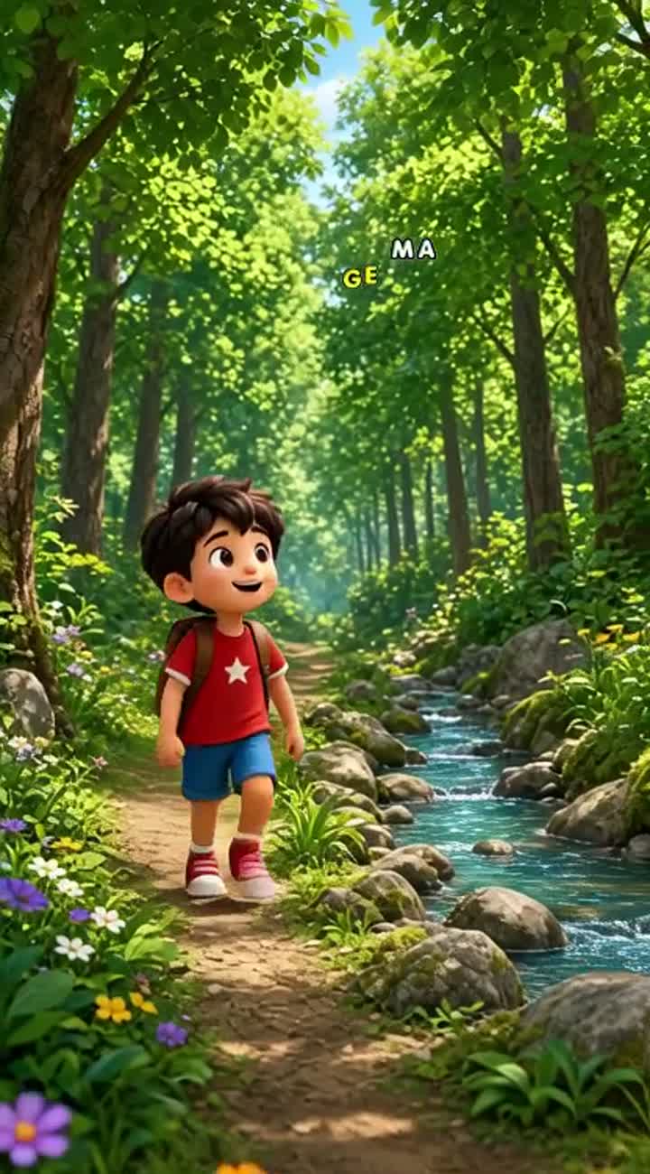 A cute 4D cartoon boy named Tom walks through a beautiful green forest — AI cartoon
