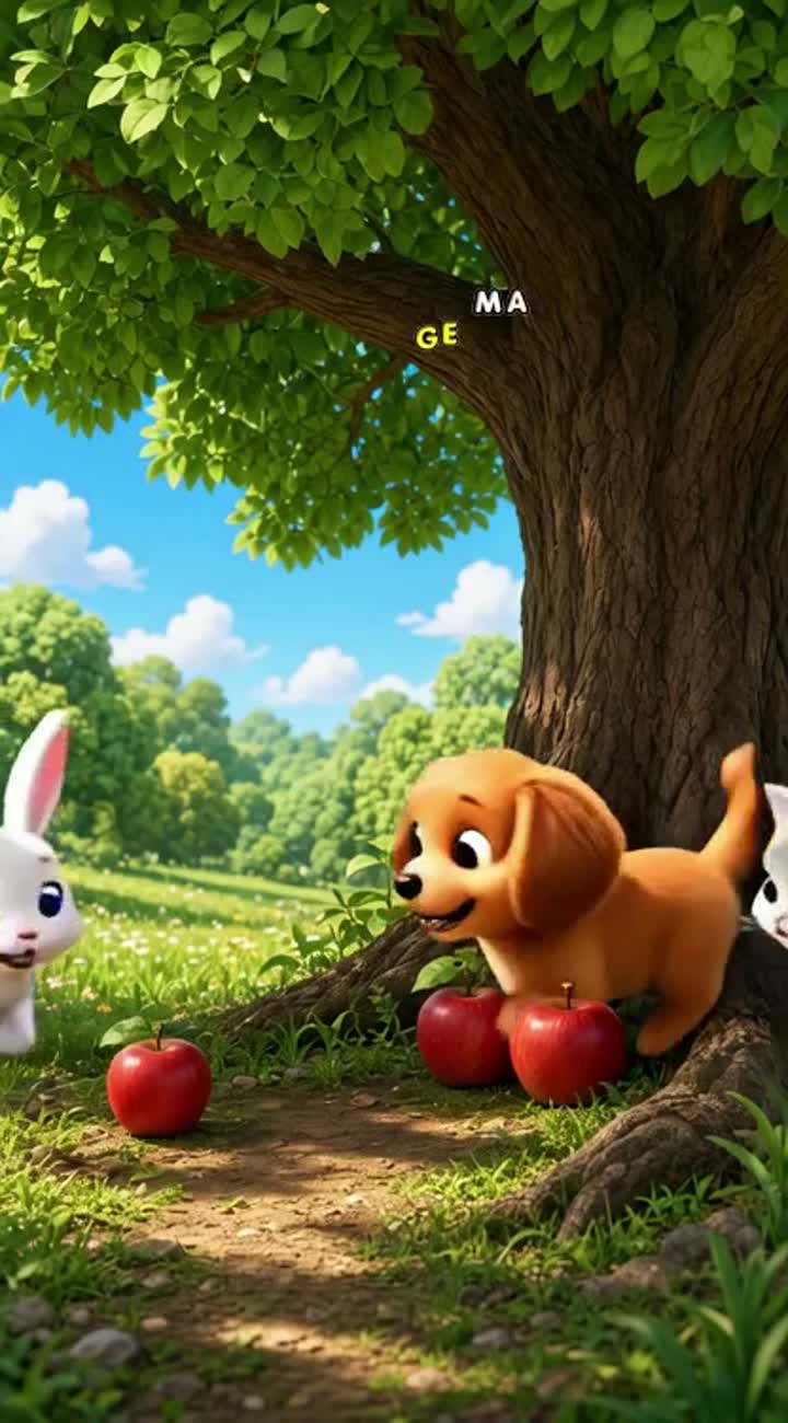The three adorable animal friends sit together under the tree… — AI cartoon