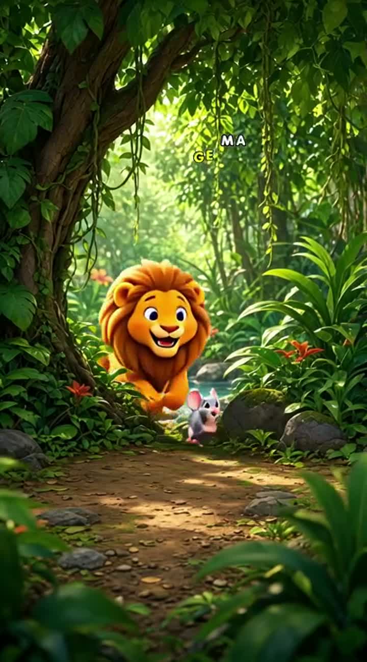 A cute lion and a small mouse playing together in a jungle... — AI cartoon