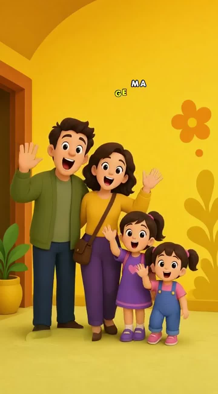 Mamma papà e due figlie entrano in una sfondo colorato giallo… — AI cartoon