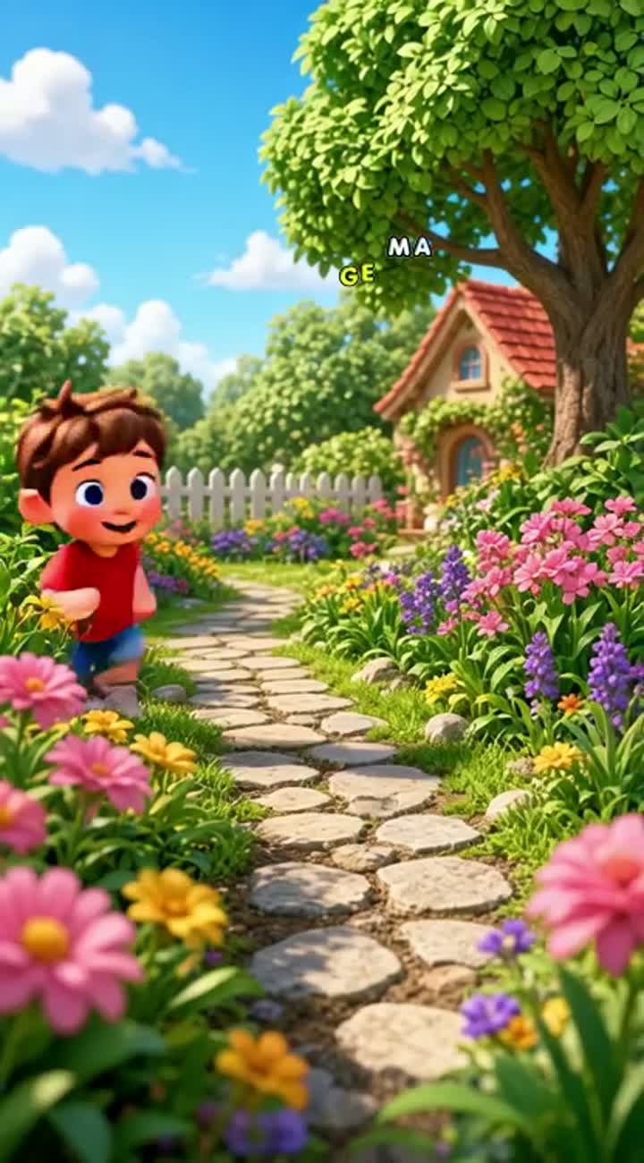 A cute cartoon boy running and jumping happily in a beautiful… — AI cartoon