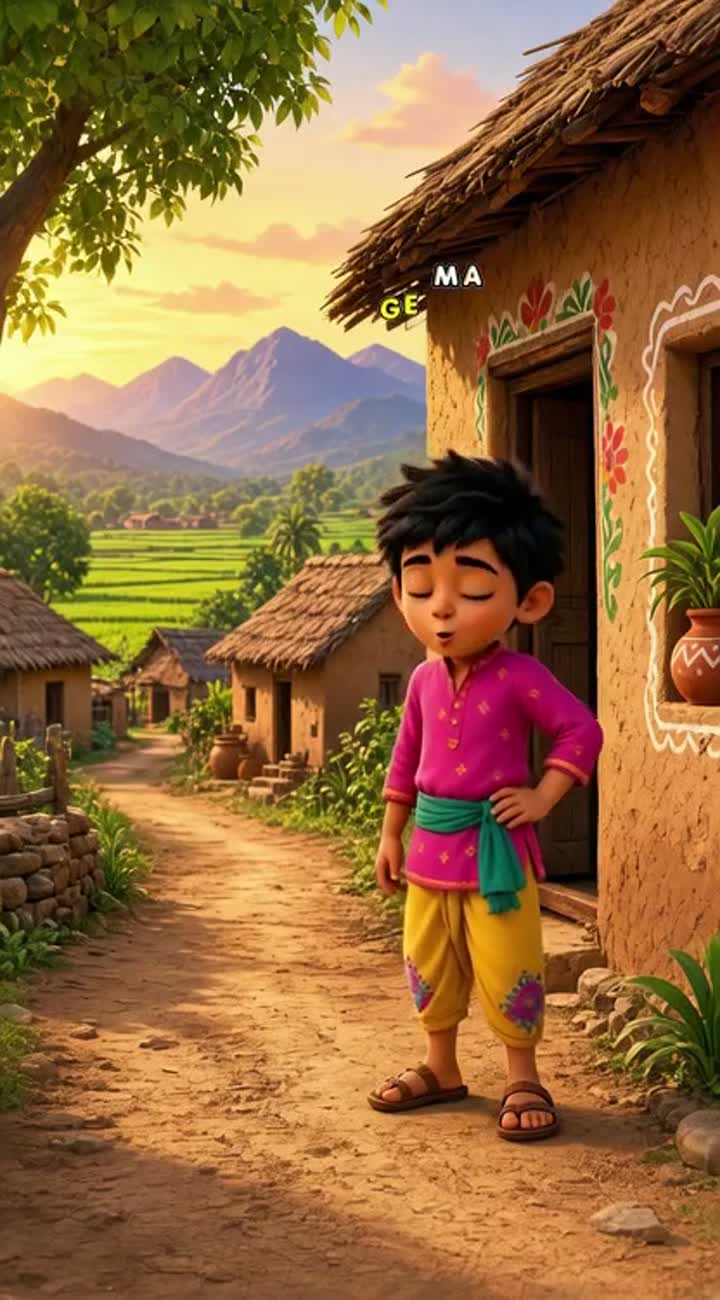 A beautiful small Indian village with mud houses, an unpaved road… — AI cartoon