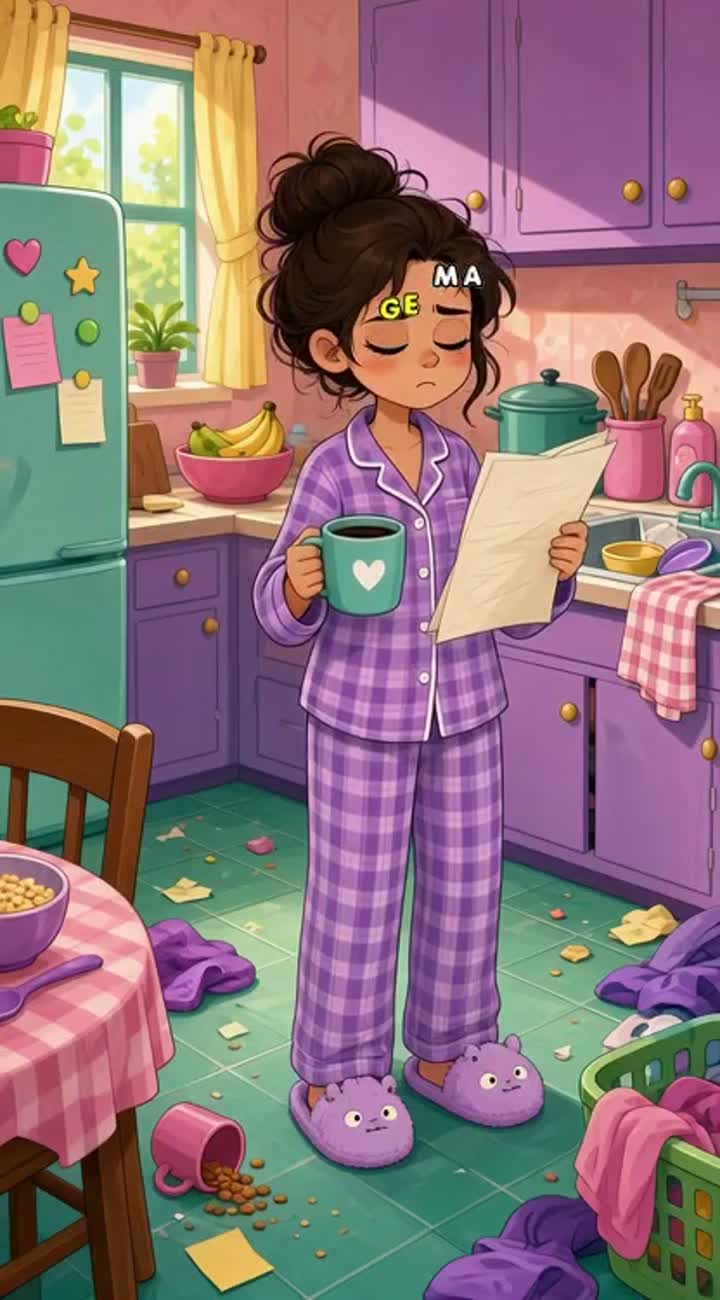 Funny vertical 9:16 2D cartoon animation of a sleepy young woman… — AI cartoon
