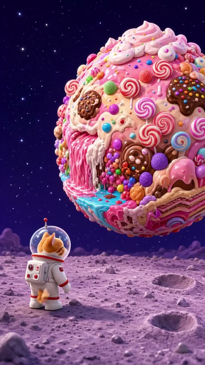 A tiny astronaut cat discovering a candy planet — AI cartoon