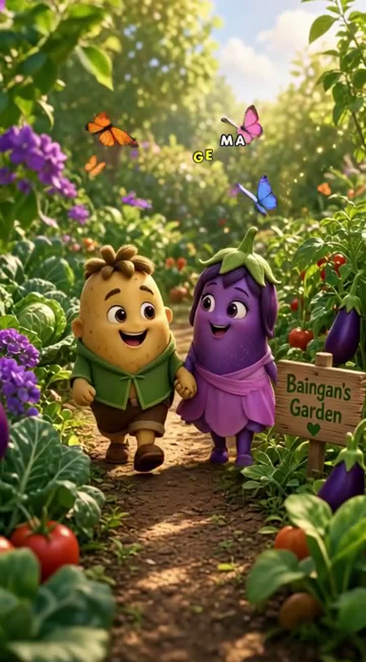 Aloo boy and Baingan girl walk hand in hand through the beautiful… — AI cartoon