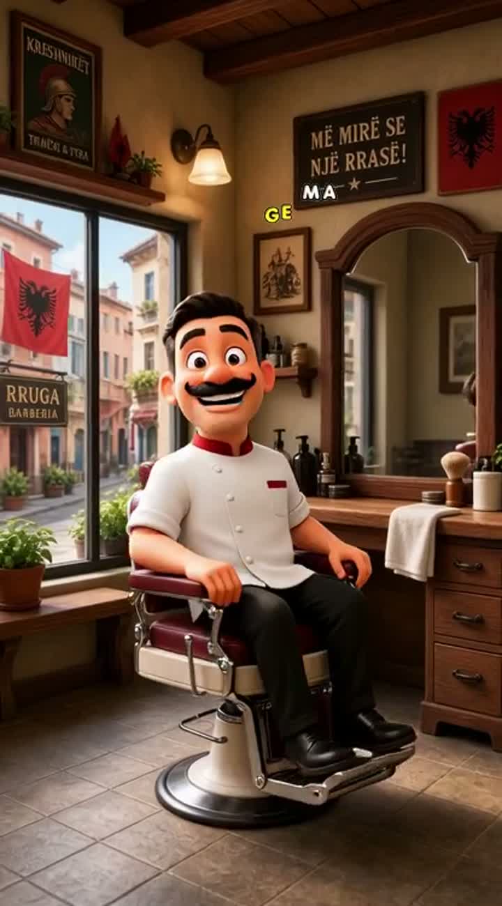 A funny Albanian barber in a barber shop, 3D animated movie style… — AI cartoon