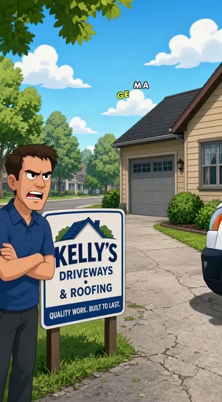 A man dosnt like his driveways Kelly's driveways and roofing come… — AI cartoon
