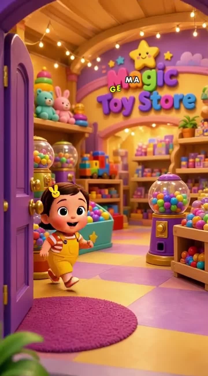 She visits a magical toy store filled with colorful balls… — AI cartoon