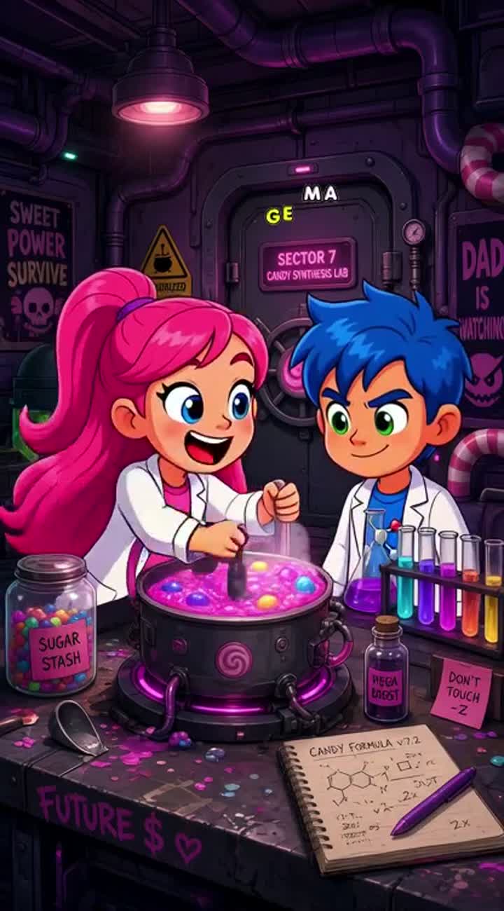 Kids cooking up candy in a secret lab to survive and make money… — AI cartoon