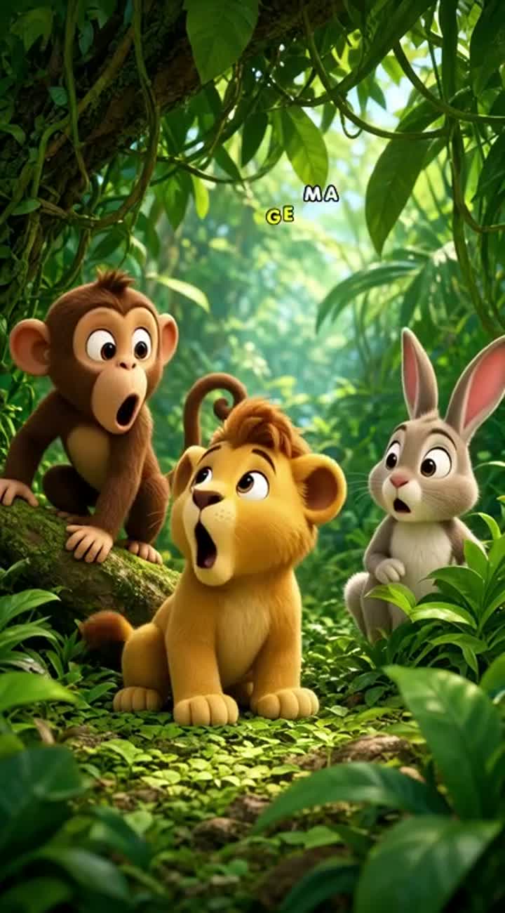 Funny cute 3D cartoon monkey and baby lion playing together… — AI cartoon