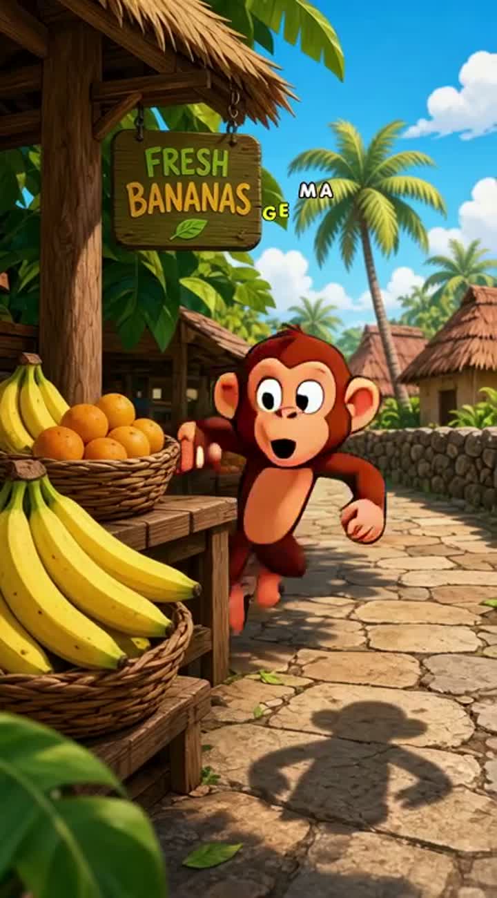 A funny monkey steals bananas, runs away, slips… — AI cartoon