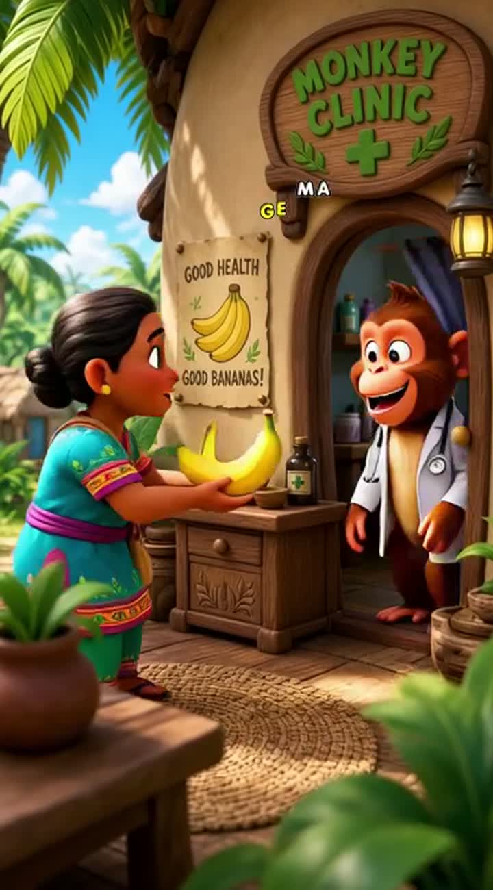 The villager gives two bananas to the monkey doctor — AI cartoon