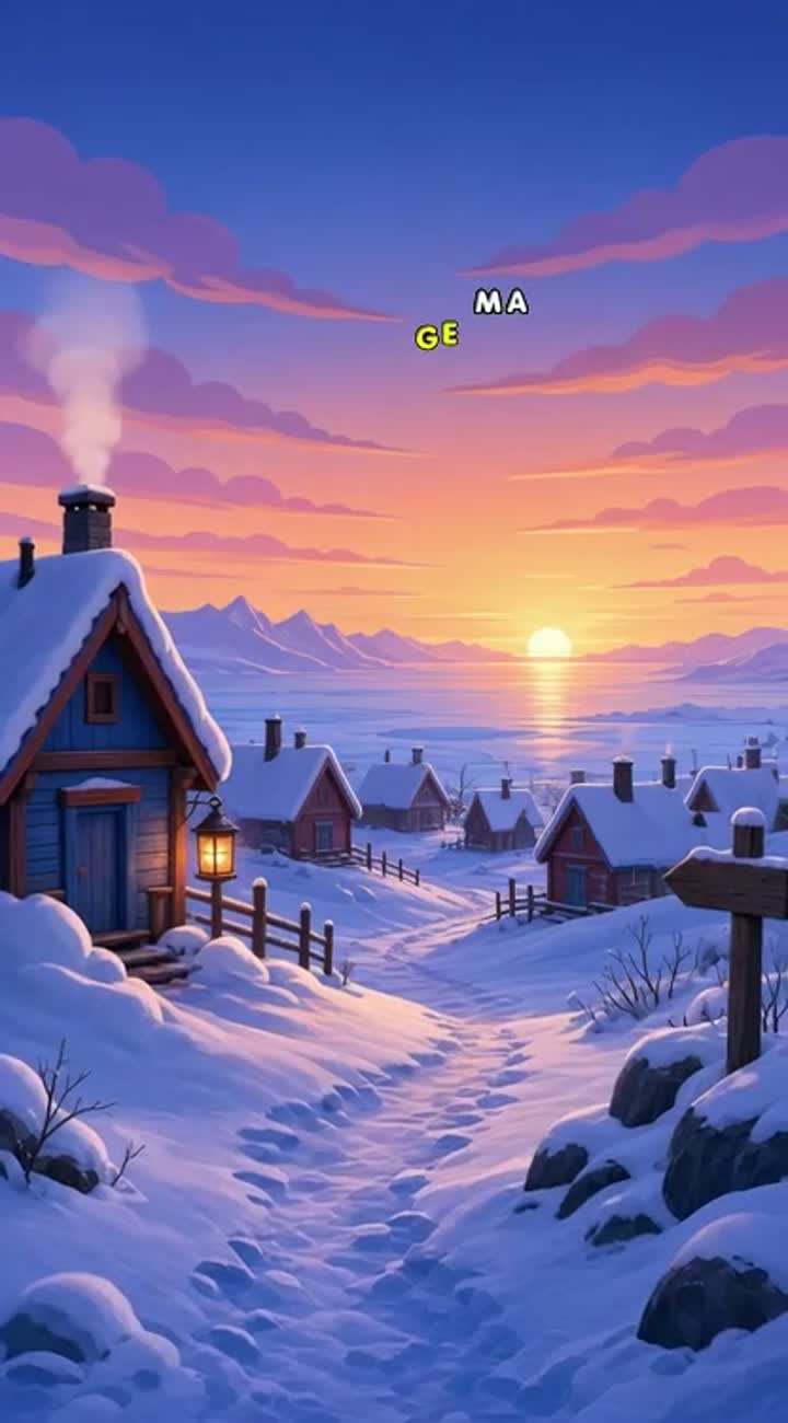 Background: Snowy Arctic village at sunrise Animated cartoon… — AI cartoon