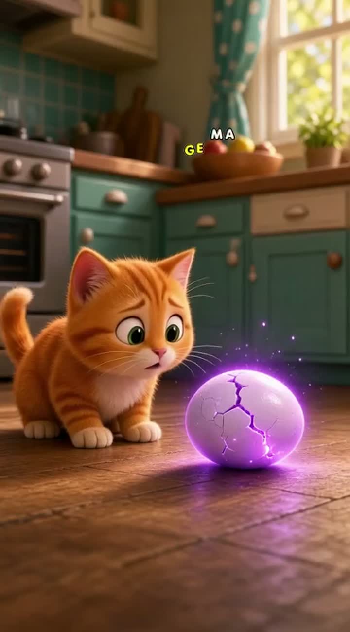 A tiny orange cartoon cat finds a mysterious glowing egg in a kitchen — AI cartoon
