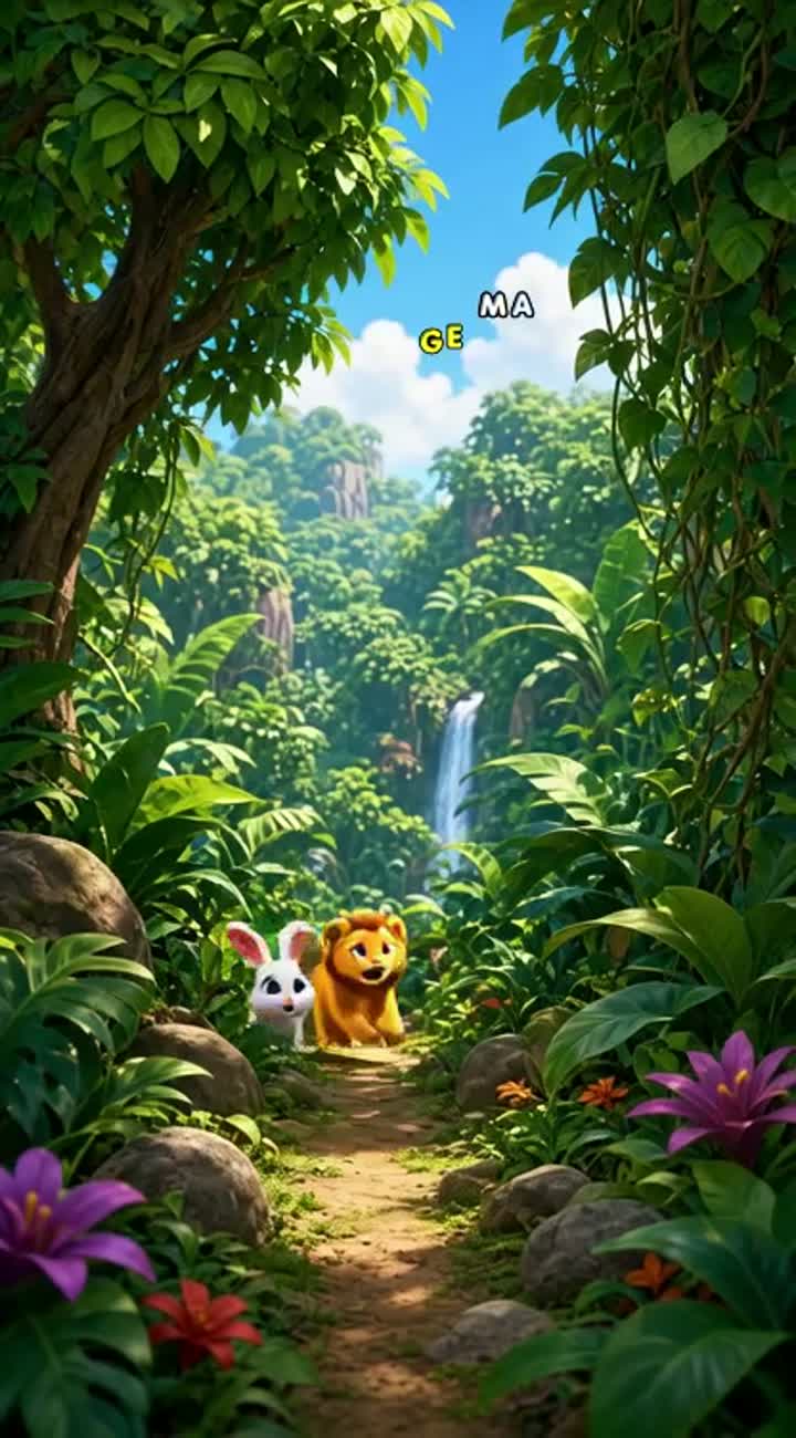 Funny 3D cartoon story about a cute rabbit, a playful lion cub… — AI cartoon