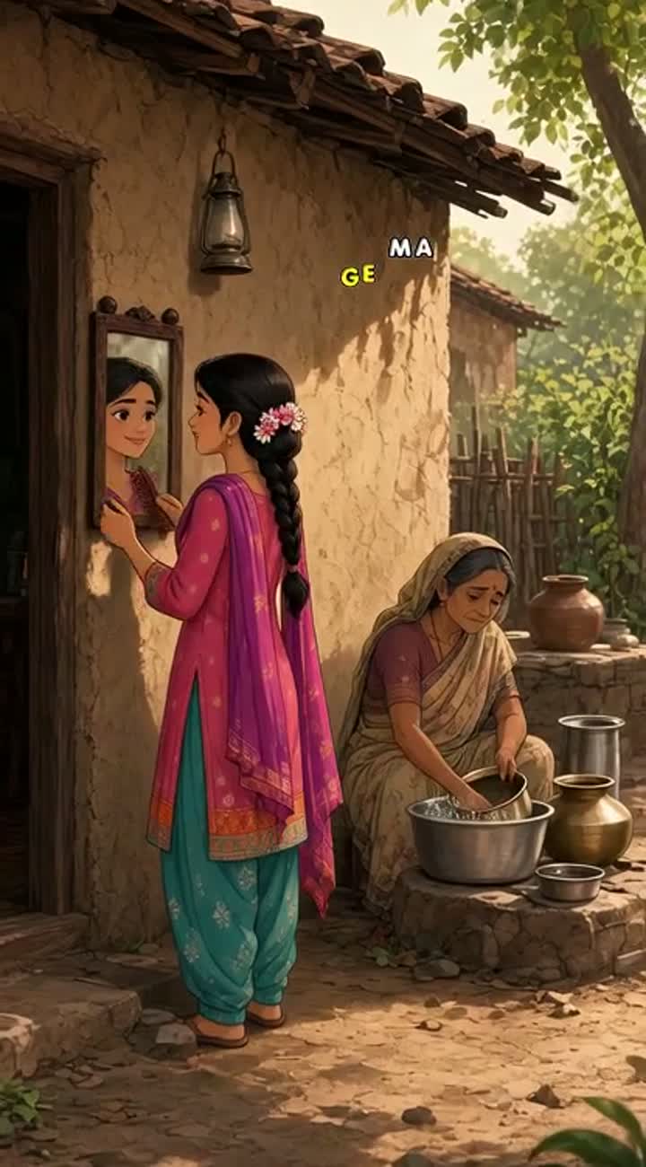 A rustic Indian village courtyard in the warm morning sunlight… — AI cartoon