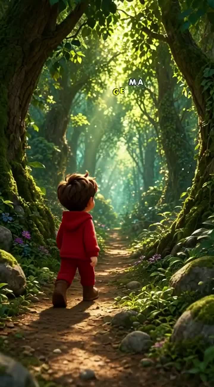 A cute little boy wearing red clothes enters a magical forest — AI cartoon