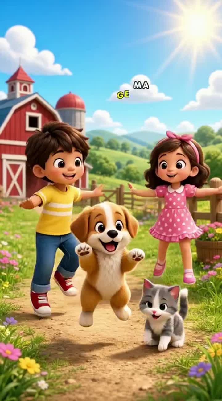 Cute 3D cartoon boy and girl dancing with a fluffy puppy… — AI cartoon