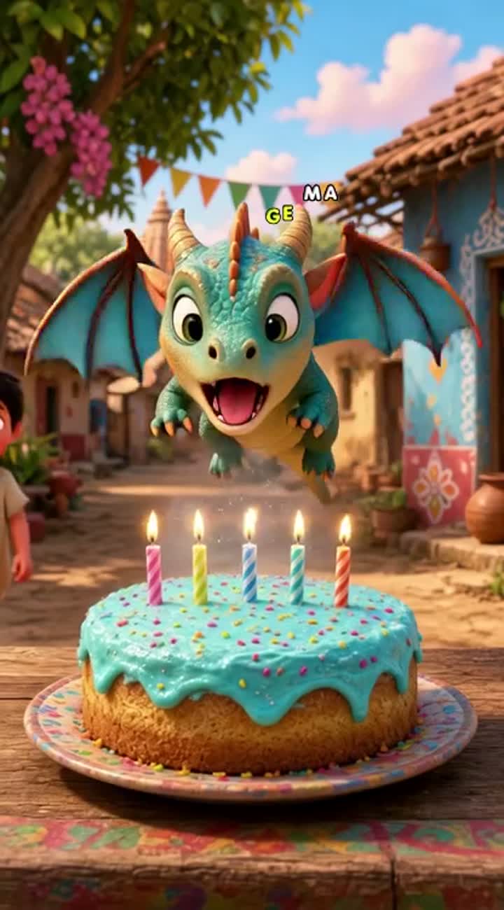 A tiny dragon tries to blow out birthday candles in a vibrant… — AI cartoon