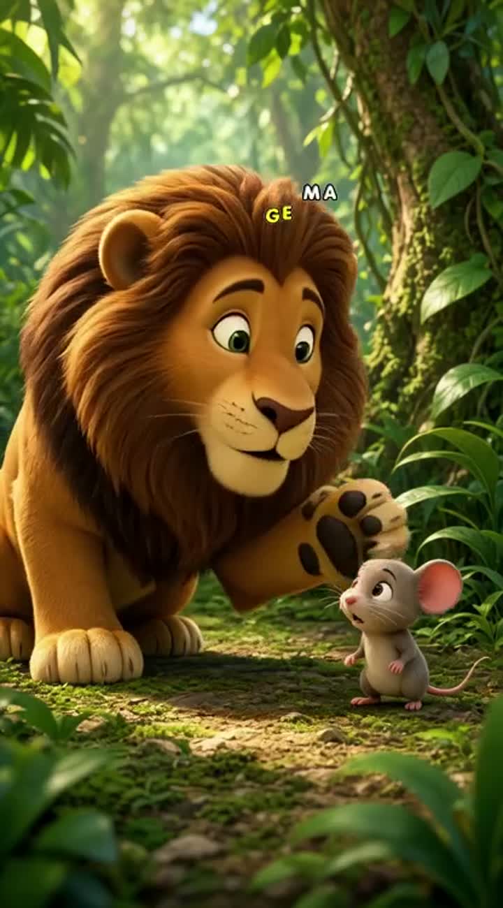 Colorful 3D animated cartoon for kids about a kind lion… — AI cartoon
