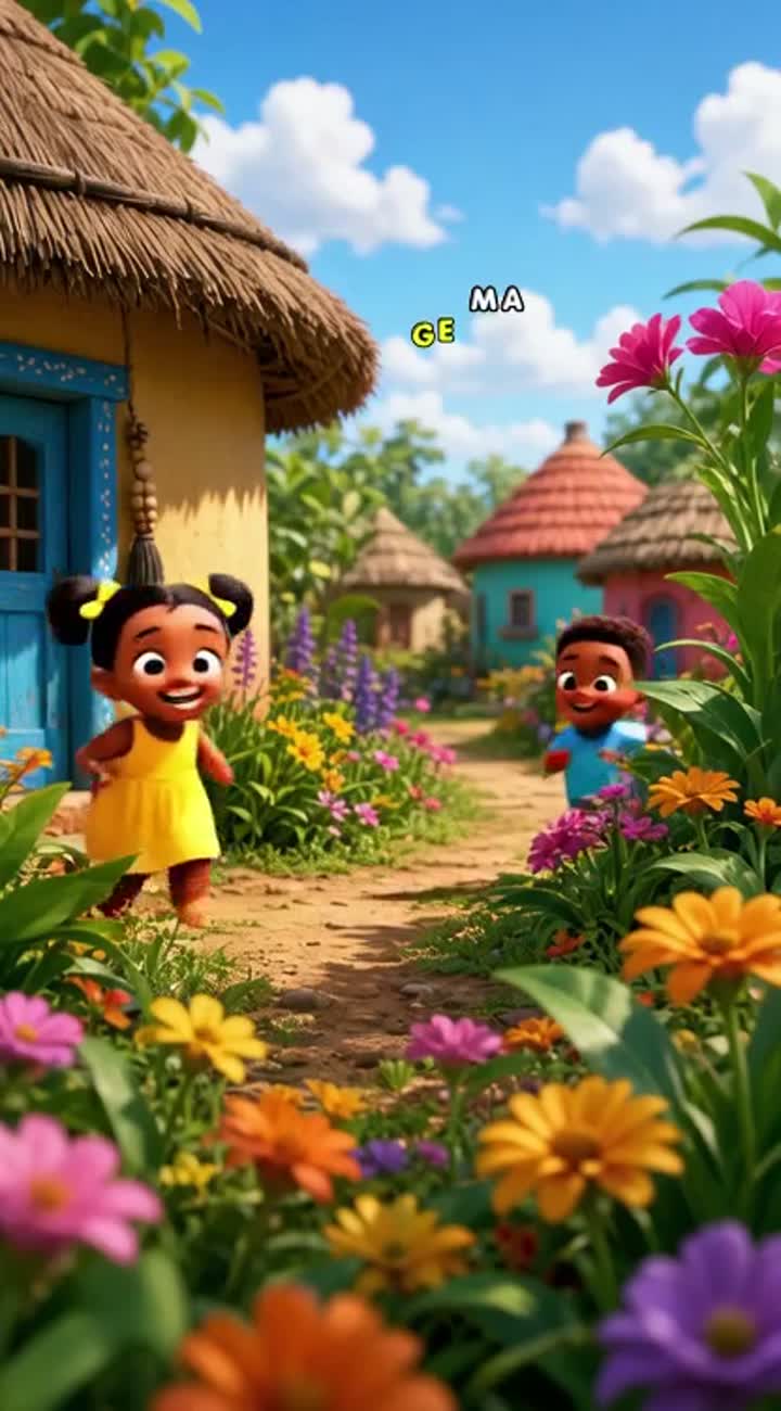 Two cute African children, a little girl in a yellow dress… — AI cartoon