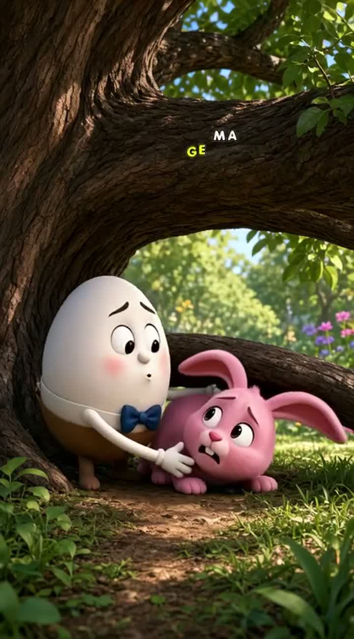 Humpty dumpty helping a pink rabbit get unstuck from under a tree… — AI cartoon