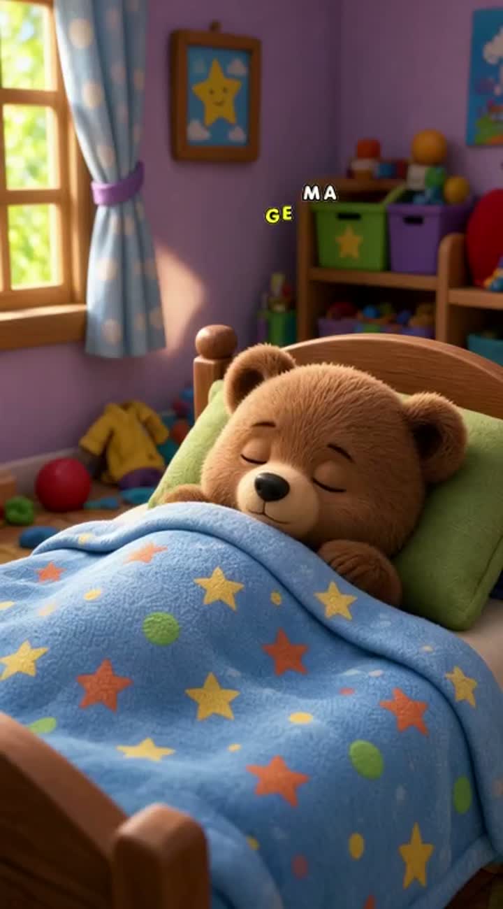 The same cute little brown bear wakes up in bed — AI cartoon
