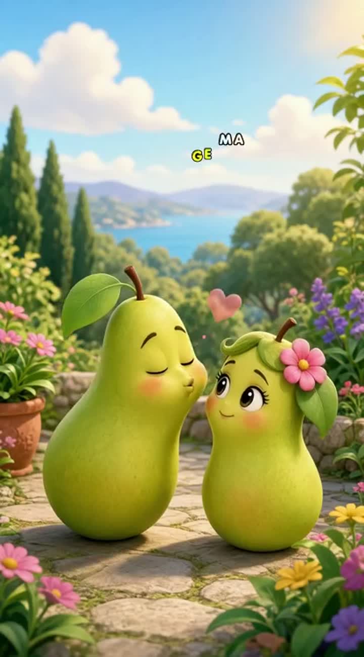 A small pear send a kiss to small girl pear — AI cartoon