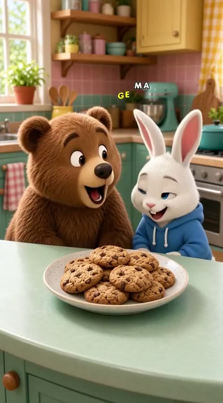 A cute fluffy brown bear and an adorable white bunny wearing… — AI cartoon
