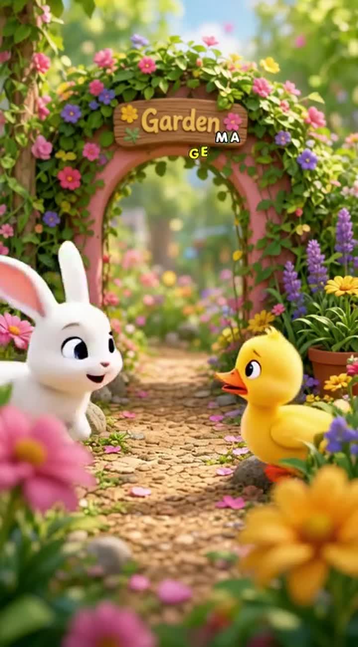 A little white bunny helps a lost baby duckling find its mother… — AI cartoon